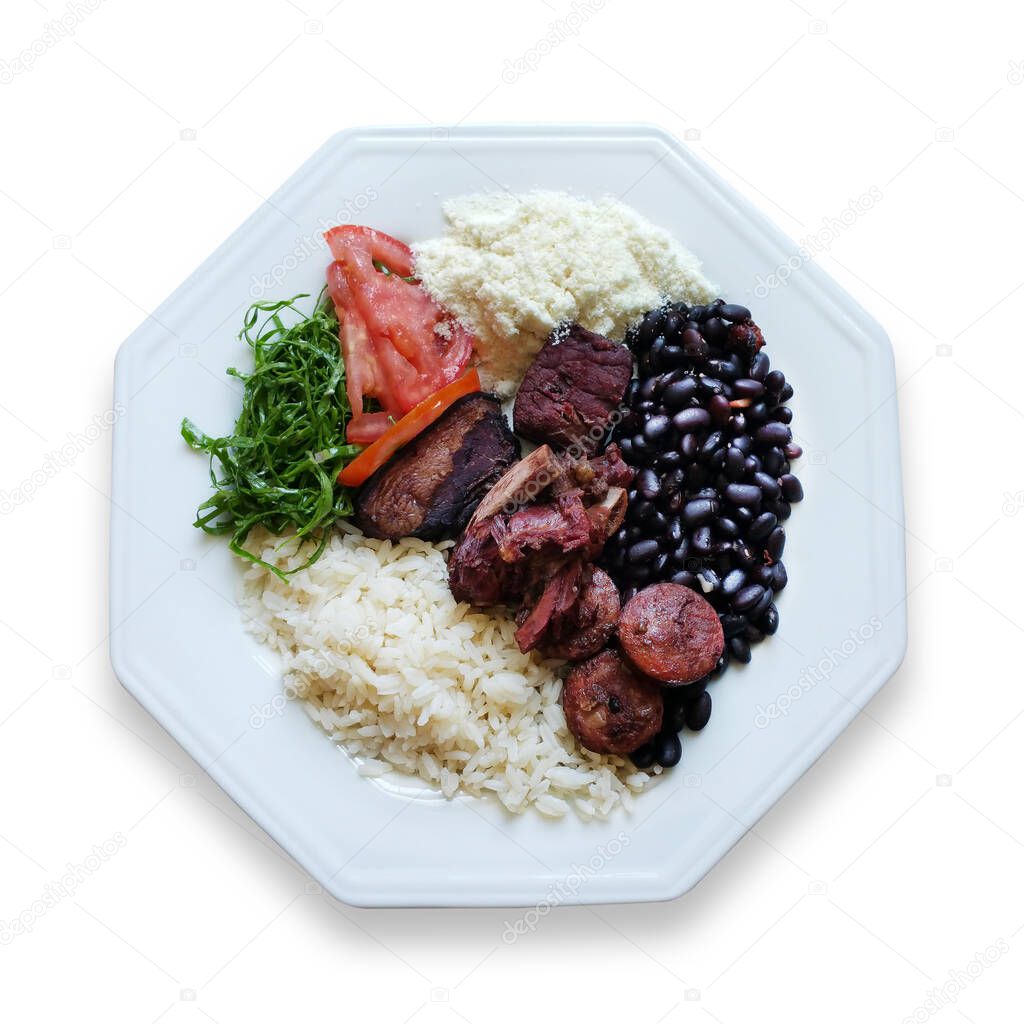 Feijoada. Traditional Brazilian food. Food plate isolated on white background