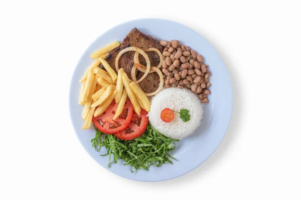 Brazilian food dish. Beans, rice, meat, chips, cabbage, tomatoes, onions. Executive dish. Dish done. Top view. Copy space. Isolated on white background