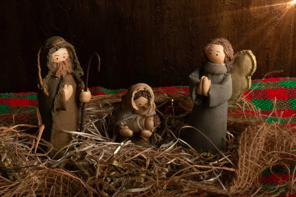 Traditionele Kerstversiering Kerststal Met Geboorte Van Christus Landelijk — Stockfoto
