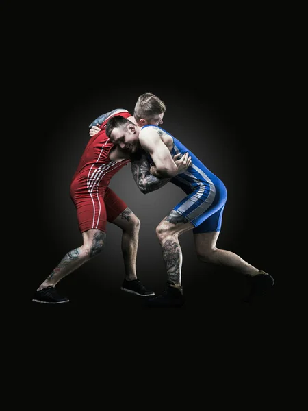 两个摔跤 figting 孤立的黑色背部 图库图片