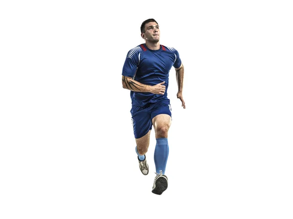 Mavi üniforma üzerinde beyaz yalıtım çalışan futbolcu — Stok fotoğraf