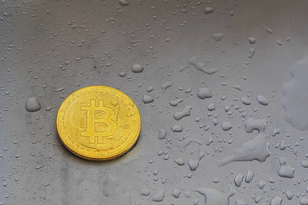Bitcoin Moneda Oro Una Superficie Metal Con Gotas Agua — Foto de Stock