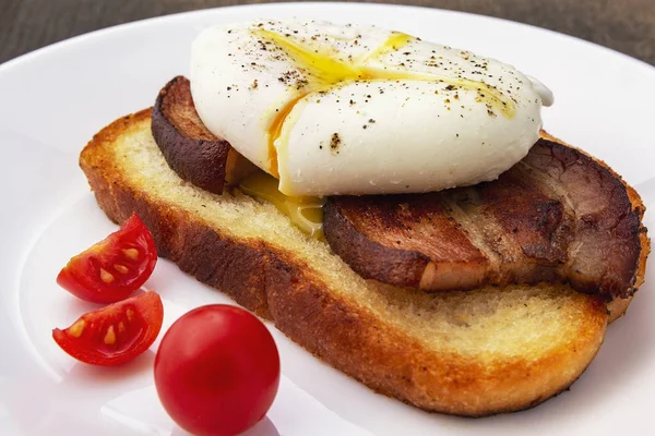 Breakfast Egg Poached Toasted Bacon Slice Fried Bread Stock Picture