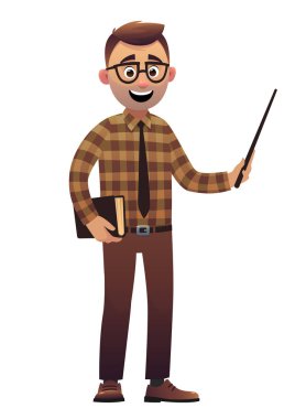 Erkek öğretmen artoon karakter ayakta beyaz bir arka planda kitap ve işaretçi vektör ile izole
