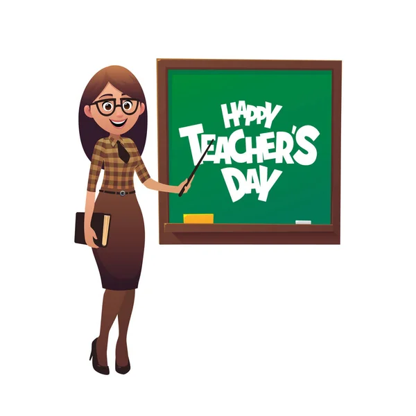 Vänliga Lärare Står Blackboard Glad Lärare Dag Vektorn — Stock vektor