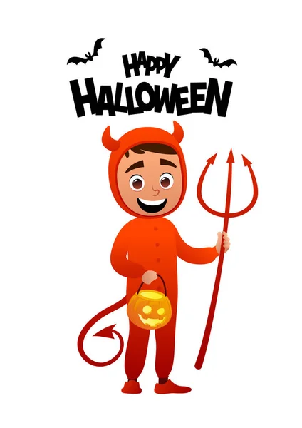 Feliz Halloween Personaje Dibujos Animados Disfraz Diablo Niño Vector — Vector de stock