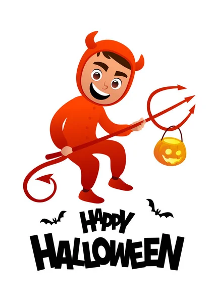 Feliz Halloween Personaje Dibujos Animados Disfraz Diablo Niño Vector — Vector de stock