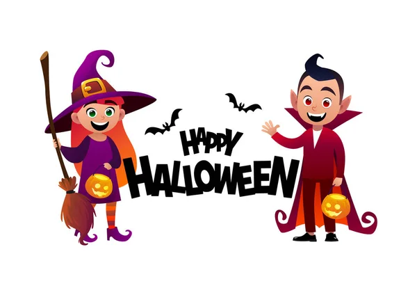 Dibujos Animados Niños Bruja Traje Vampiro Feliz Vector Halloween — Vector de stock