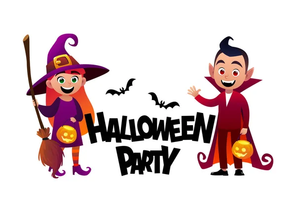 Cartoon Crianças Bruxa Vampiro Traje Halloween Festa Fundo Vetor — Vetor de Stock