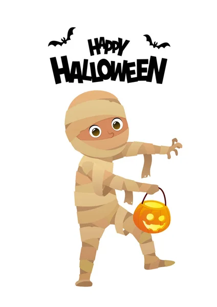 Chico Halloween Momia Traje Dibujos Animados Personaje Vectores Para Partido — Vector de stock