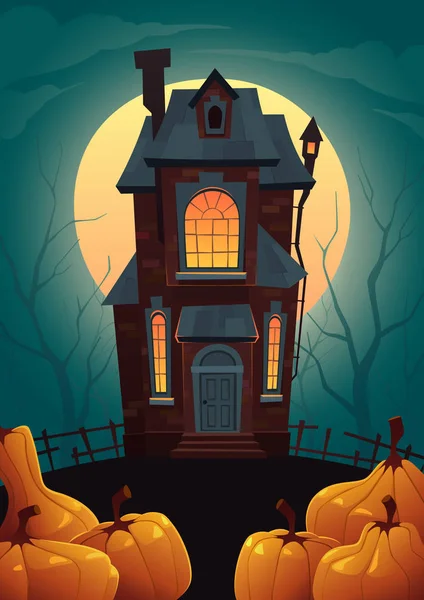 Halloween Fond Dessin Animé Avec Maison Citrouilles Vecteur — Image vectorielle