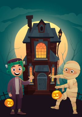 Canavar çocuk kostümleri frankenstein ve anne arka plan ev hileler veya tedavi mutlu Cadılar Bayramı afiş vektör