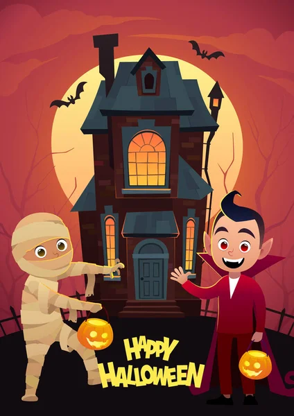 Children Monster Costumes Mummy Dracula Background Home Tricks Treat Happy — Stock Vector