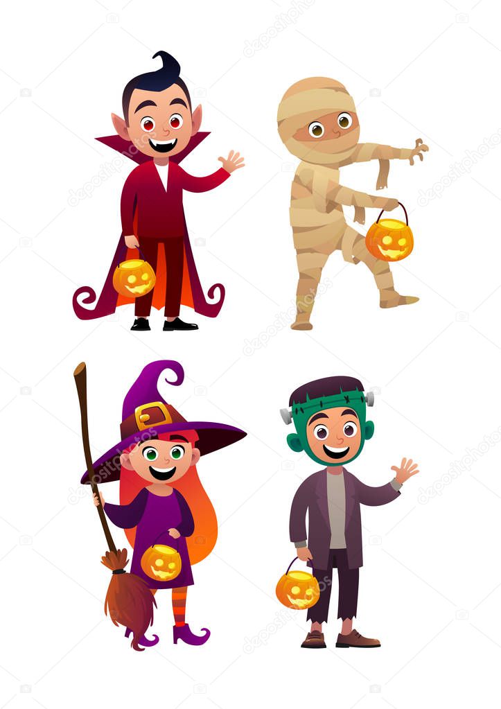 Group of kids in halloween costumes vampire mummy witch frankenstein halloween vector