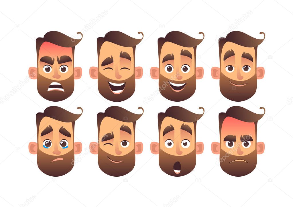 Set of male facial emotions with different expressions vector illustration in cartoon style
