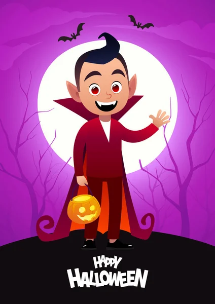 Feliz Halloween Personaje Dibujos Animados Dracula Niño Traje Vampiro Vector — Vector de stock