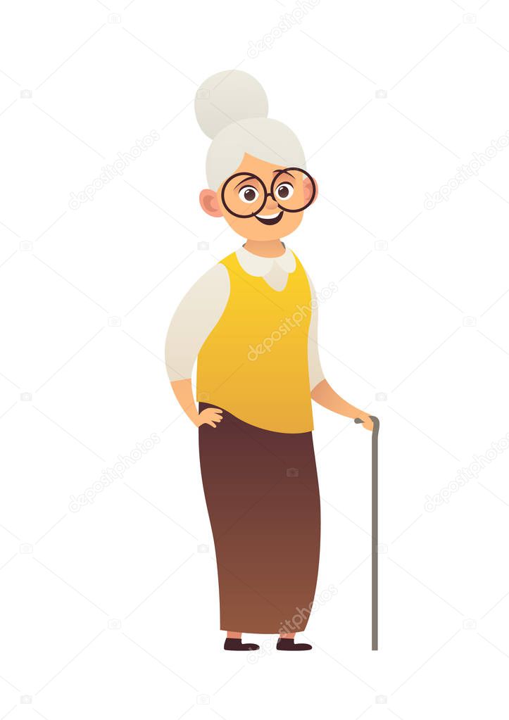 Cute old woman with walking stick grandmother wearing glasses vector