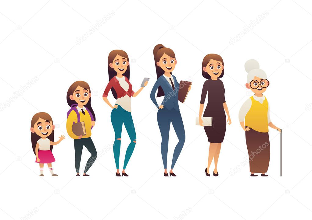Character of woman in different ages generation of people and stages of growing up vector