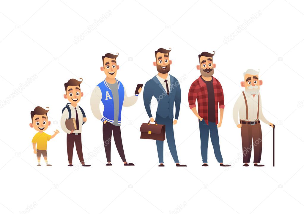 Character of man in different ages child teenager adult elderly person life cycle generation of people isolated