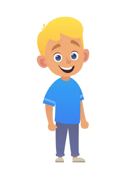 Smiling Cute Boy Blond Blue Shirt White Background Isolated — Stock Vector