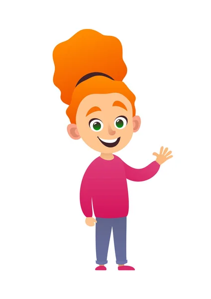 Cute Little Redhead Girl Standing Waving Hand White Background Isolated — Stock Vector