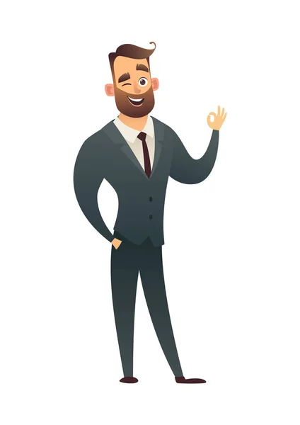 Barba Exitosa Personaje Hombre Negocios Traje Que Muestra Signo Concepto — Vector de stock