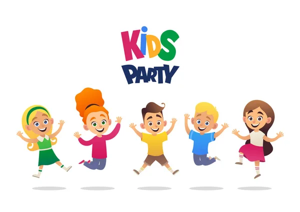 Kids Party Cartoon Background Funny Company Boys Girls Vector Illustration — Stock Vector