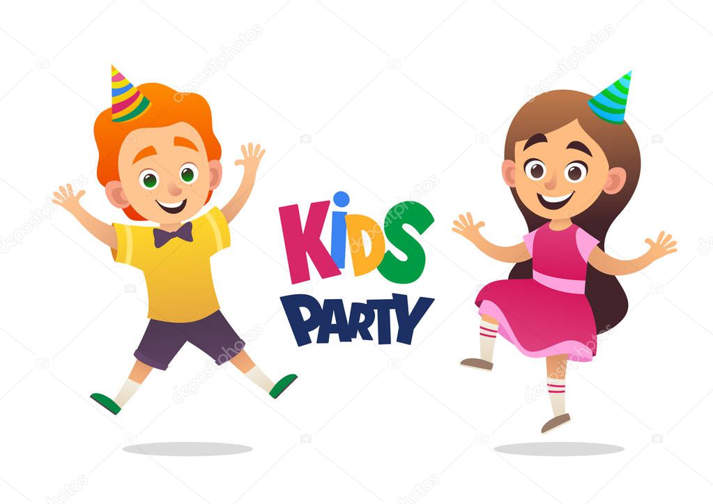 Boy and girl with birthday hats happily jumping with their hands up kids party vector