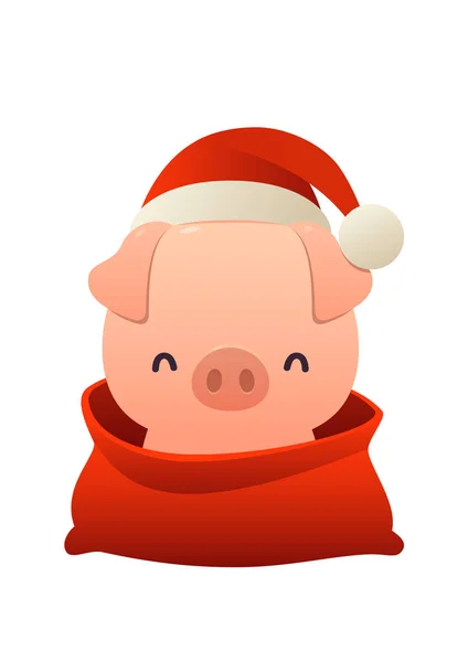 Cartoon Cute Pig Santa Claus Hat Red Bag Isolated Merry — Stock Vector