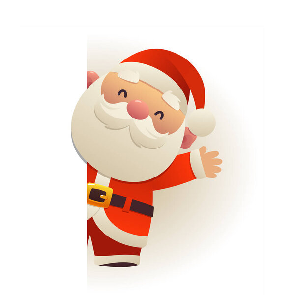 Happy cute funny Santa Claus behind blank signboard cartoon character with white copy space vector