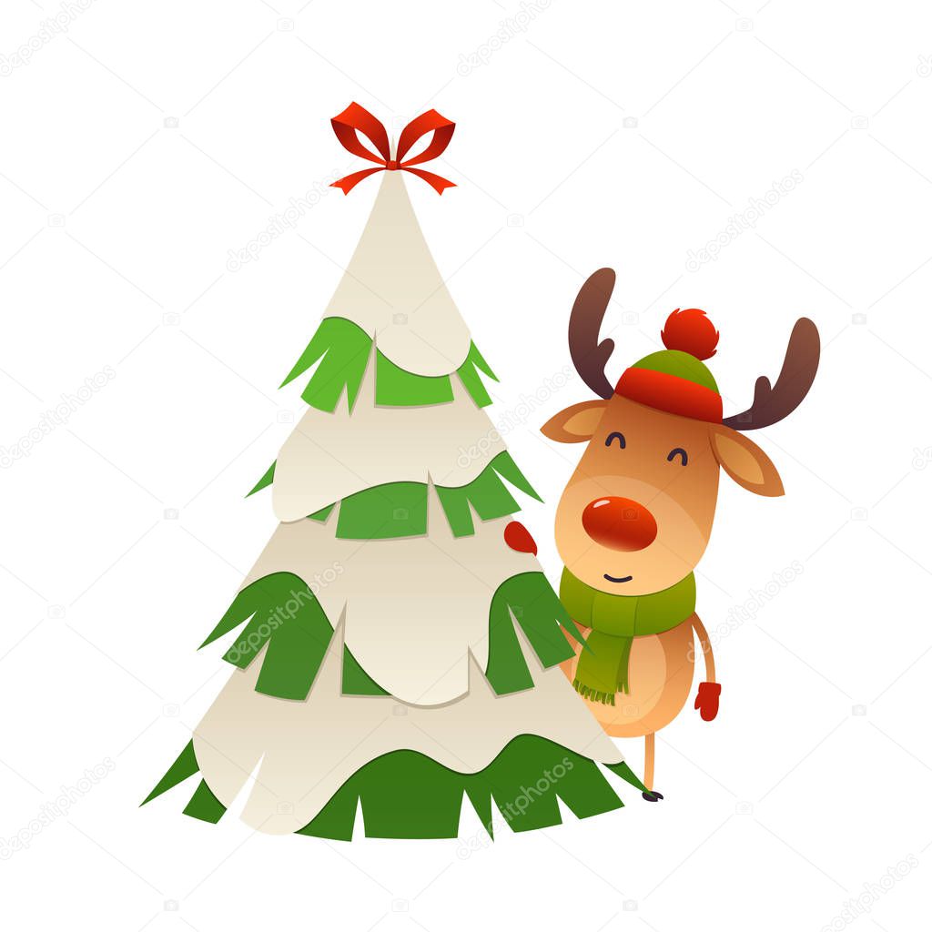 Cute cartoon reindeer behind christmas tree vector isolated