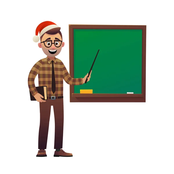 Teacher in Santa Claus hat shows with pointer on school board