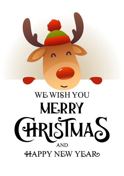Cute Reindeer Stands Signboard Advertisement Banner Text Merry Christmas Happy — Stock Vector