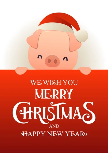 Cochon Mignon Dans Chapeau Père Noël Tient Derrière Bannière Publicité — Image vectorielle