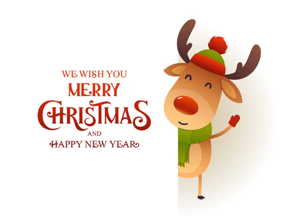 Cute Reindeer Stands Signboard Advertisement Banner Text Merry Christmas Happy — Stock Vector