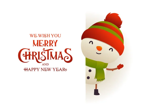 Cute Snowman Stands Signboard Advertisement Banner Text Merry Christmas Happy — Stock Vector