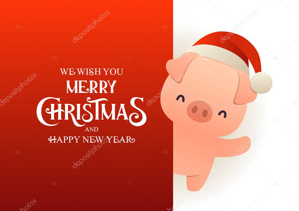 Cute pig in Santa hat stands behind red signboard advertisement banner with text Merry Christmas and Happy New Year vector