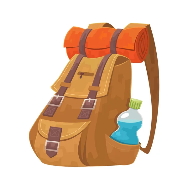 Backpack with bottle of water and camping carpet — Stock Vector