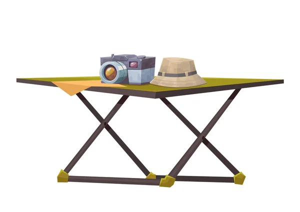 Turist bord med kamera och hatt isolerad på vit bakgrund — Stock vektor