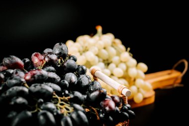 Taze üzümler hasat için hazır, arka planda ahşap bir sepet var.