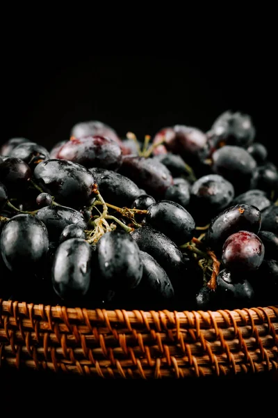 Hasat edilmiş taze üzümler hasır sepetin içinde güzelce yerleştirilmiş.
