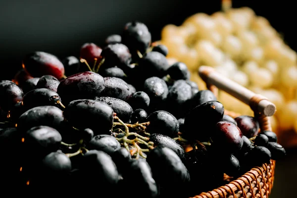 Olgun üzümler dokuma sepetinde kırsal bir mutfak ortamında hasat edilmeye hazır.