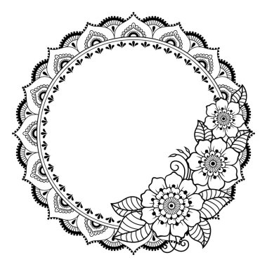 Kına Mehndi, dövme, dekorasyon için mandala şeklinde dairesel desende-çerçeve. Dekoratif süsleme etnik oryantal tarzı. Boyama kitabı sayfası.
