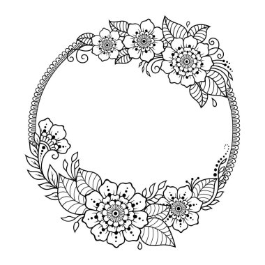 Kına Mehndi, dövme, dekorasyon için mandala şeklinde dairesel desende-çerçeve. Dekoratif süsleme etnik oryantal tarzı. Boyama kitabı sayfası.