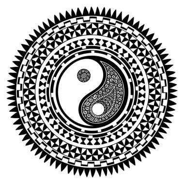 Mandala Yin-yang el ile şeklinde dairesel desende sembolü çizilmiş. Maori halkı - Moko tarzı geleneksel süsler. Afrika tema öğelerinden Vintage dekoratif kabile kenarlık.