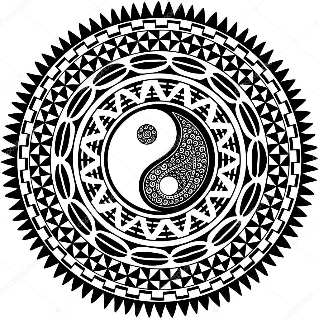 Circular pattern in form of mandala with Yin-yang hand drawn symbol. Traditional ornaments of Maori people - Moko style. Vintage decorative tribal border from elements of African theme.