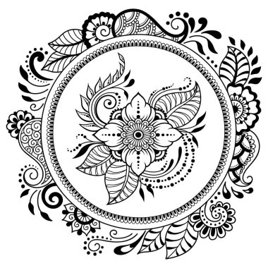 Henna, Mehndi, dövme, dekorasyon için mandala şeklinde dairesel desen. Etnik doğu tarzında dekoratif süs. Boyama kitabı sayfası.