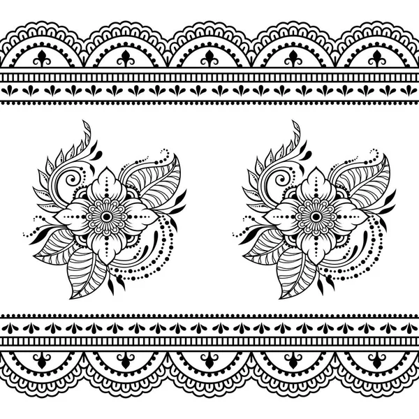 Conjunto Patrón Flores Mehndi Borde Sin Costuras Para Dibujo Tatuaje — Vector de stock