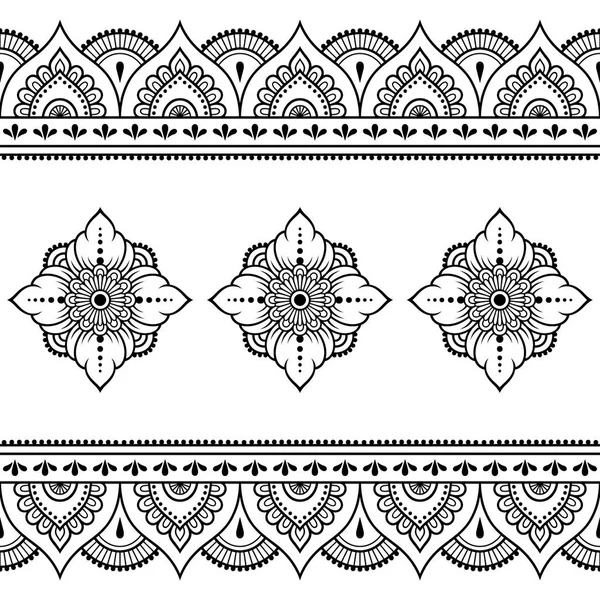 Σύνολο Mehndi Μοτίβο Λουλουδιών Και Απρόσκοπτη Σύνορα Για Henna Σχεδίασης — Διανυσματικό Αρχείο