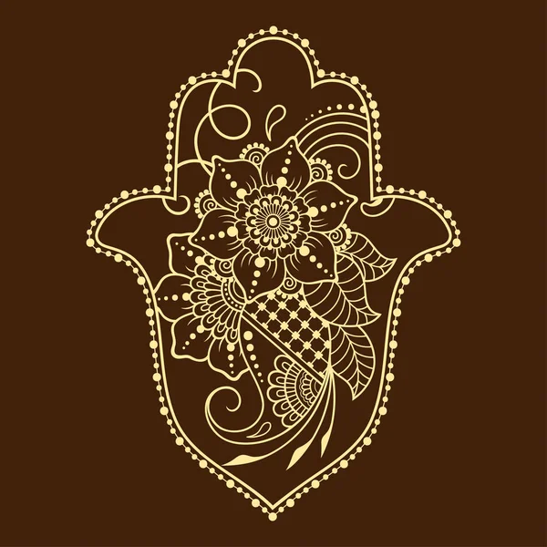 花から描かれたシンボルの手ハムサの 店内装飾やヘナ図面のオリエンタル スタイルで装飾的なパターンは 手のファティマの古代記号 — ストックベクタ